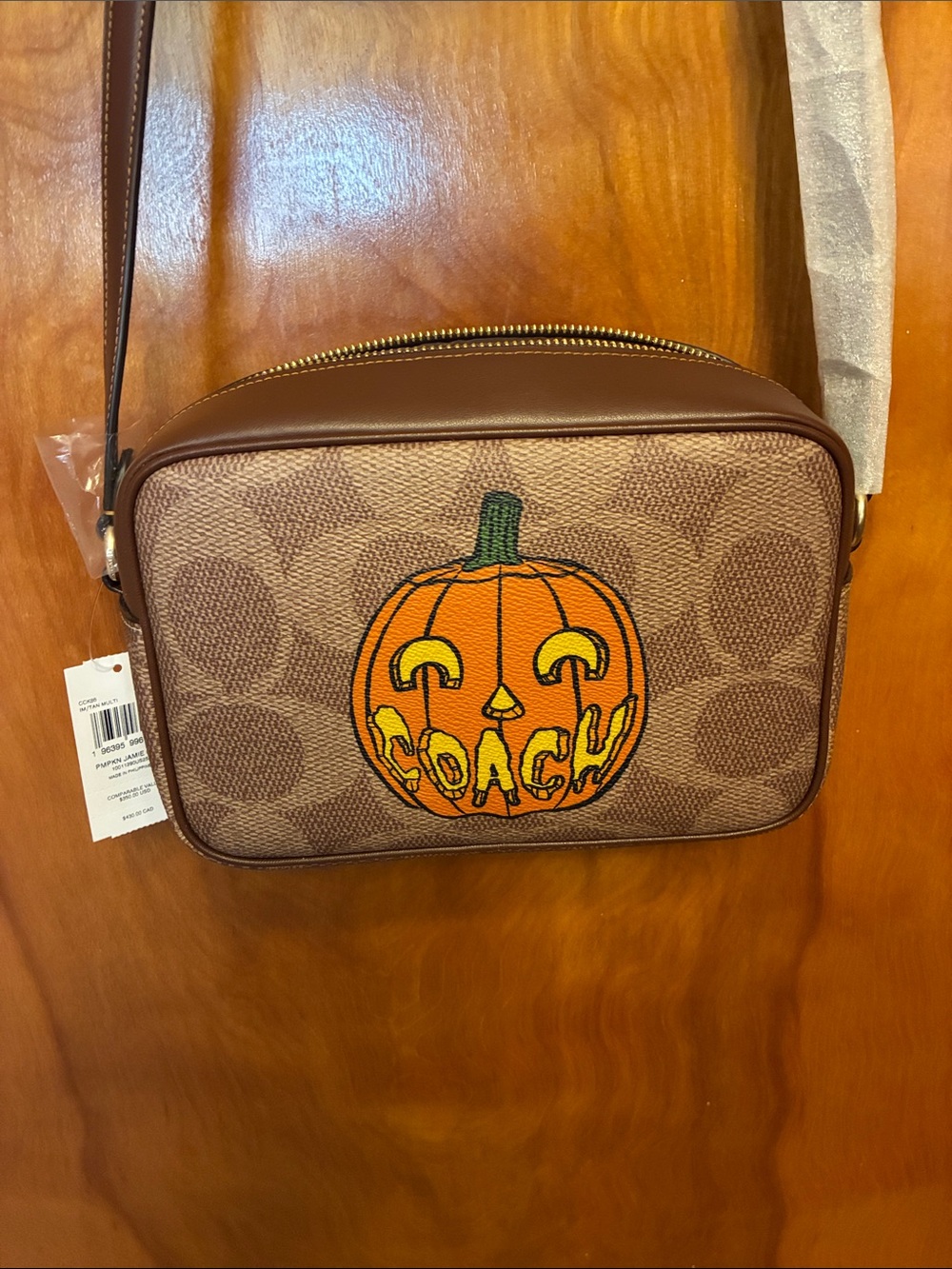 COACH. Brown Signature Canvas Crossbody with Orange Pumpkin Graphic. BRAND NEW!